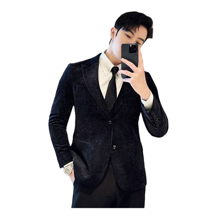 Men's Velvet Blazer with Shimmer Stripe - Elegant Cosplay Suit for Stage Performance, Halloween, and Parties - Halloweez