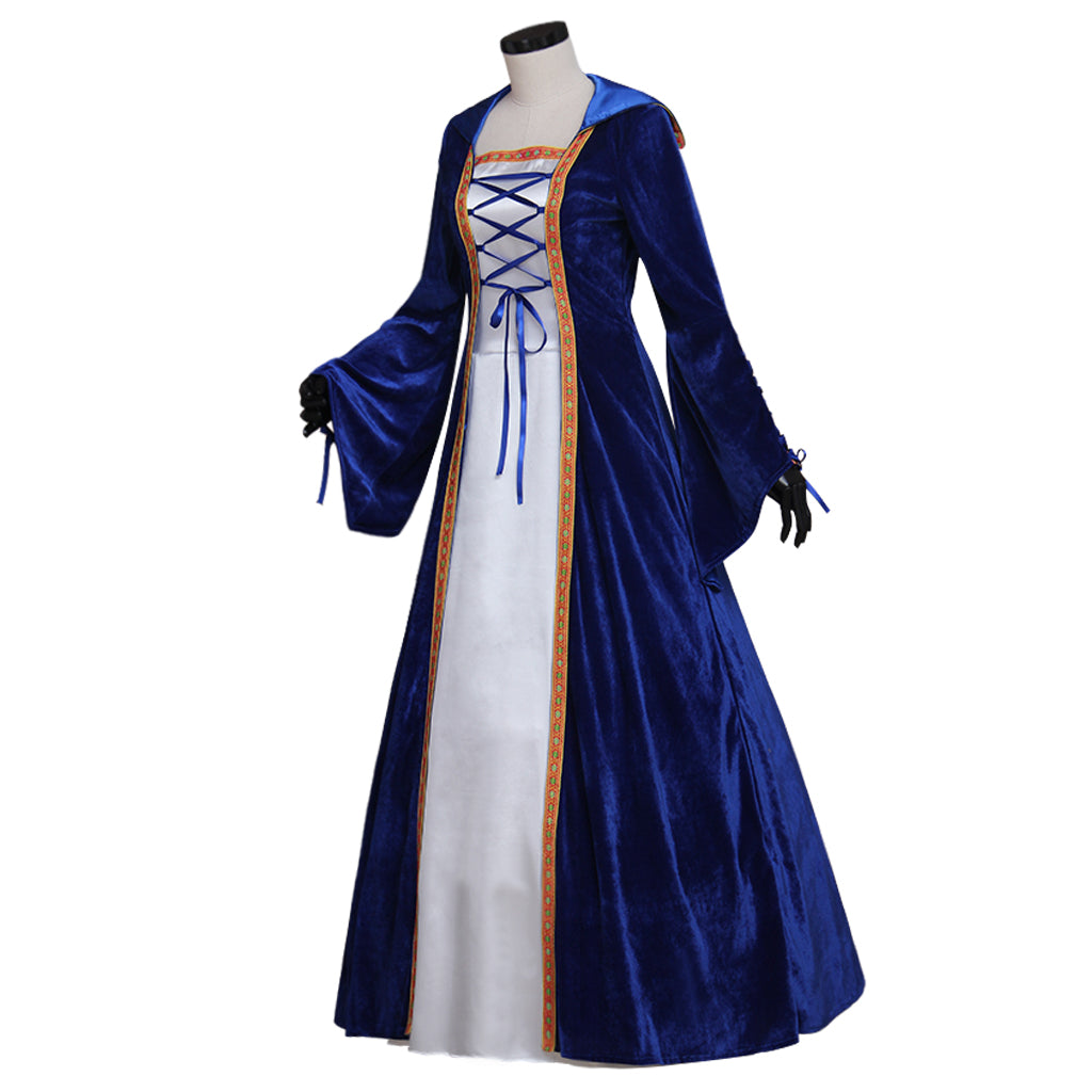 Elegante vestido retro medieval sureño para cosplay de Halloween para mujer: túnica noble con mangas acampanadas