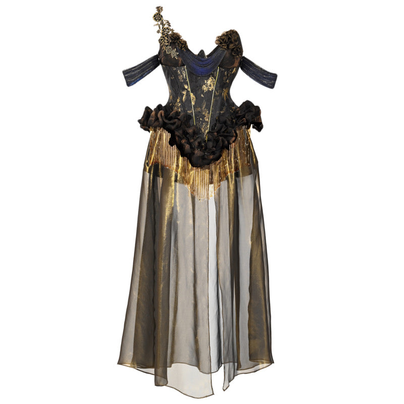 Blood Supply Original Luxurious Gold Fringed Corset Bodice Dress for Halloween Cosplay Party Costume - Halloweez