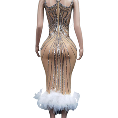 Sexy Silver Sequin Feather Hem Bodycon Evening Dress for Women - Backless Glamorous Cosplay Costume - Halloweez