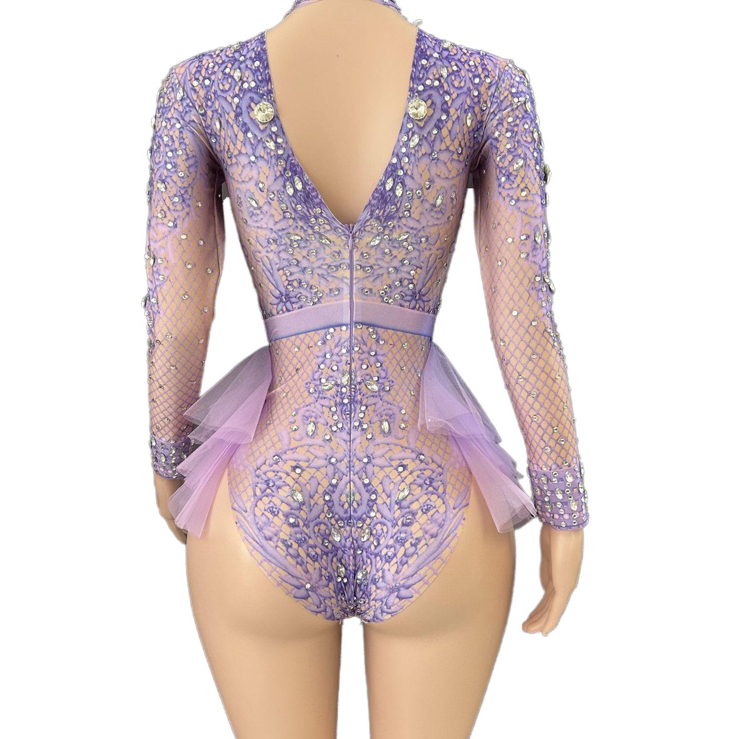 GC Singer Dance Rhinestone Stretchy Slimming Pink Mesh Bodysuit Stage Performance Costume Female Flash Diamond Girl Group - Halloweez