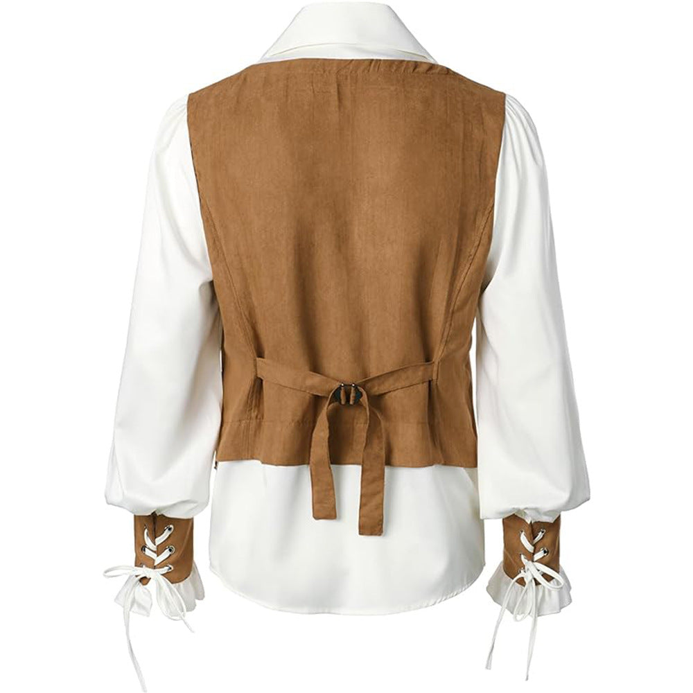 Medieval Pirate Victorian Steampunk Gothic Long Sleeve Vest Shirt Halloween Costume - Halloweez