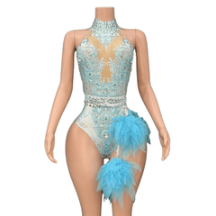 Sexy Sparkling Rhinestone Stretch Pink Mesh Bodysuit for Singer Dance Performance Cosplay Costume - Halloweez