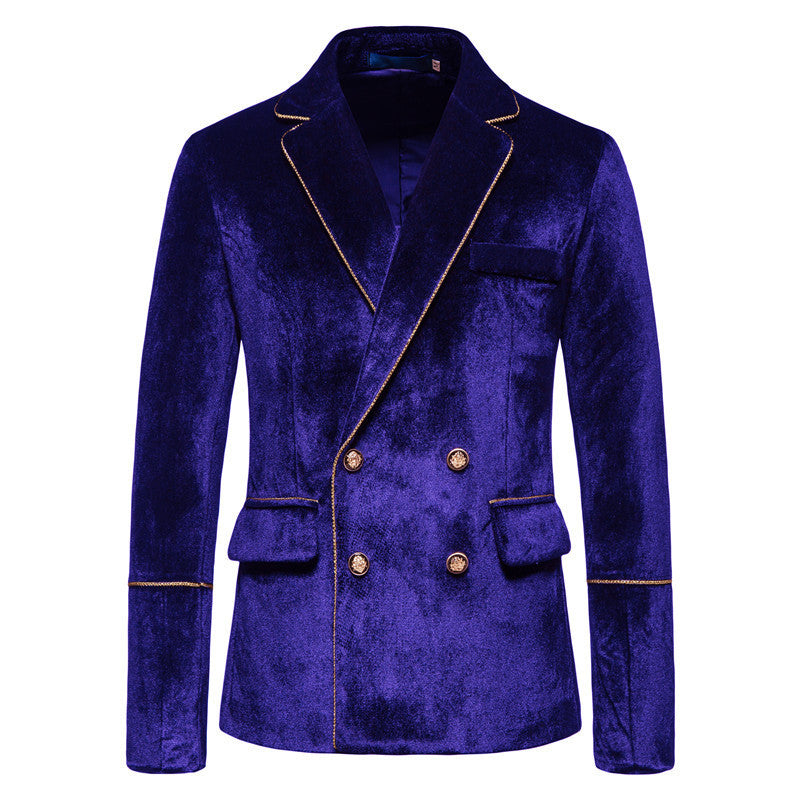 2025 Spring Summer New Men's Velvet Gold Trim Double Breasted Suit Set Formal Wear Performance Costume - Halloweez