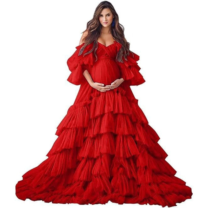 2025 Hot Sell Maternity Cosplay Costume Deep V See-through Mesh Dress with Puff Sleeves for Photo Shoot Party - Halloweez