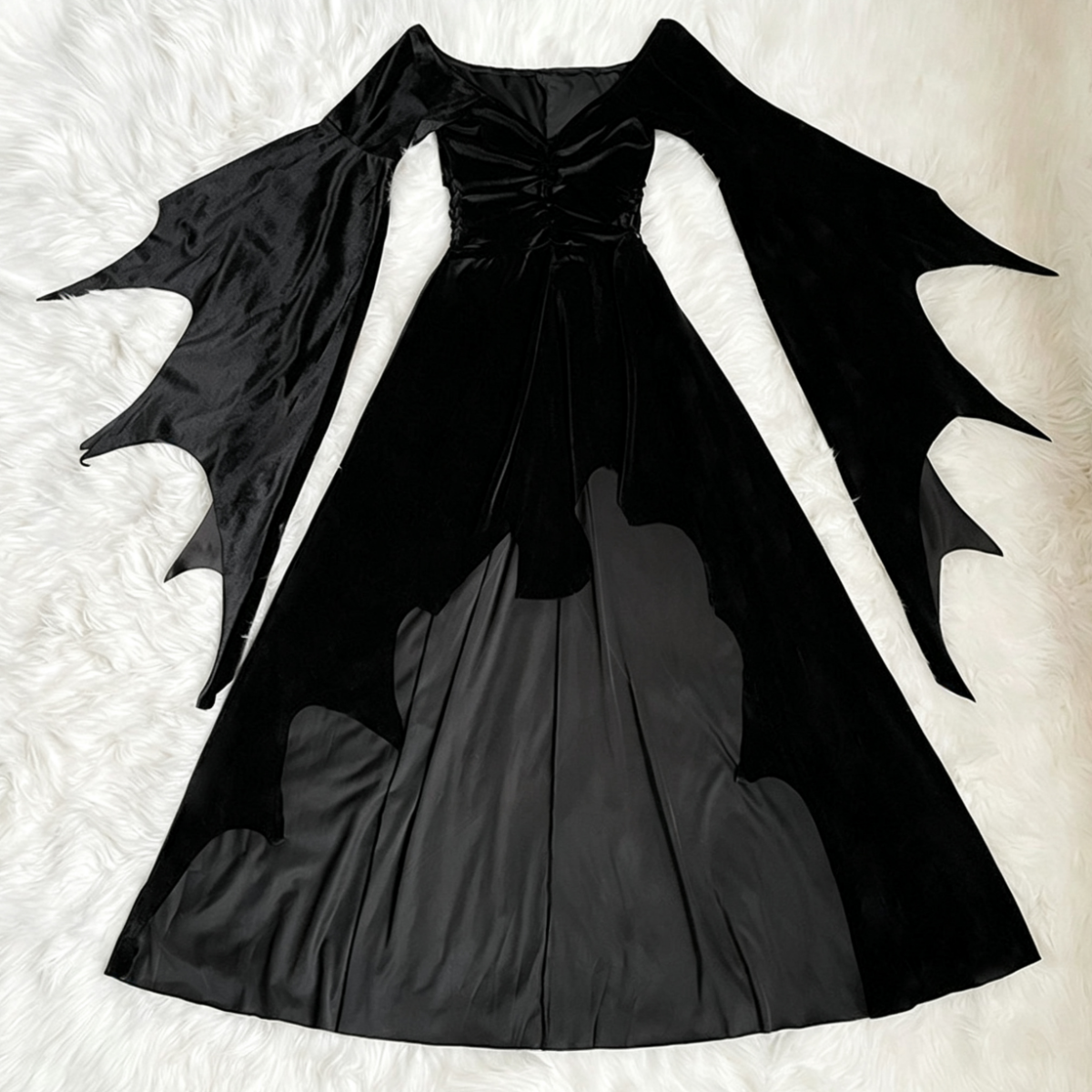 Mrs Addams Vampire Cosplay Dress, Custom Bat Sleeve Long Gown for Halloween Show