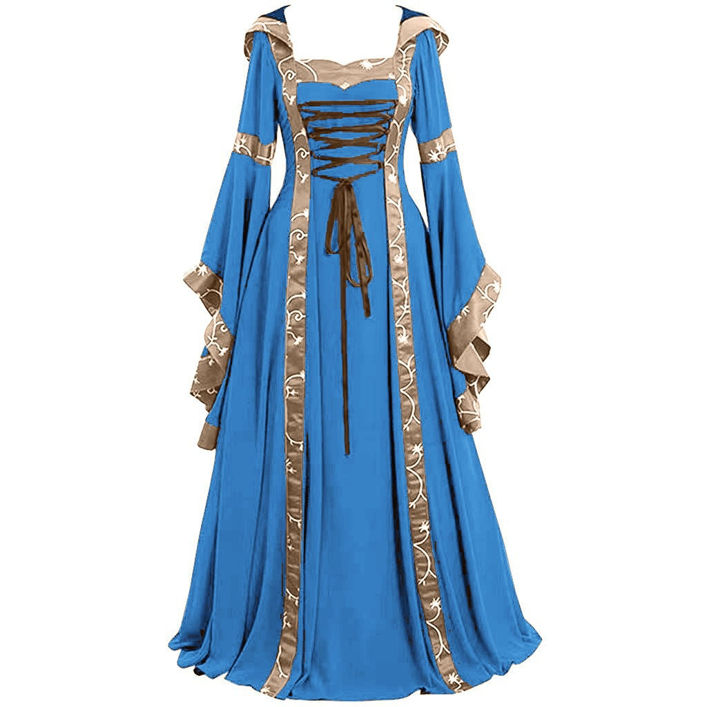 Medieval Gothic Victorian Retro Renaissance Dress with Hood and Lace-up for Women - Halloweez