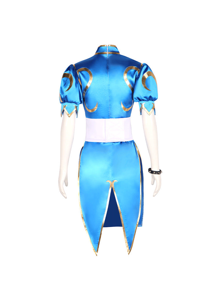 Arcade Street Fighter Chun-Li Blue Cheongsam Cosplay Costume for Halloween and Performance - Halloweez