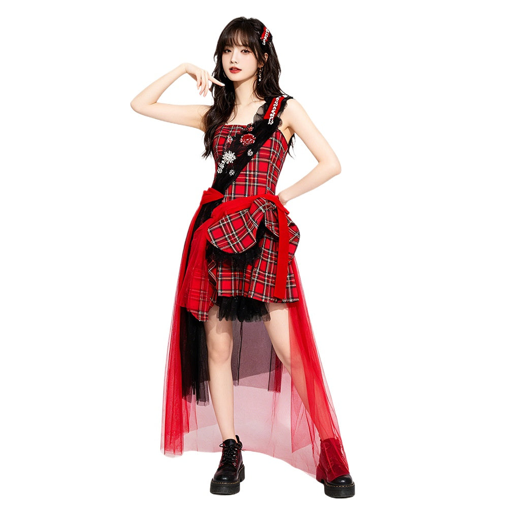 Aespa Same Stage Look Cosplay Costume,Red Plaid Mesh Tutu Dress Dance Outfit Set