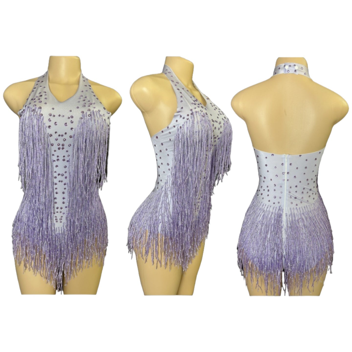 Latin Dance Halter Bodysuit with Fringe and Rhinestones - White Dance Performance Costume for Women - Halloweez