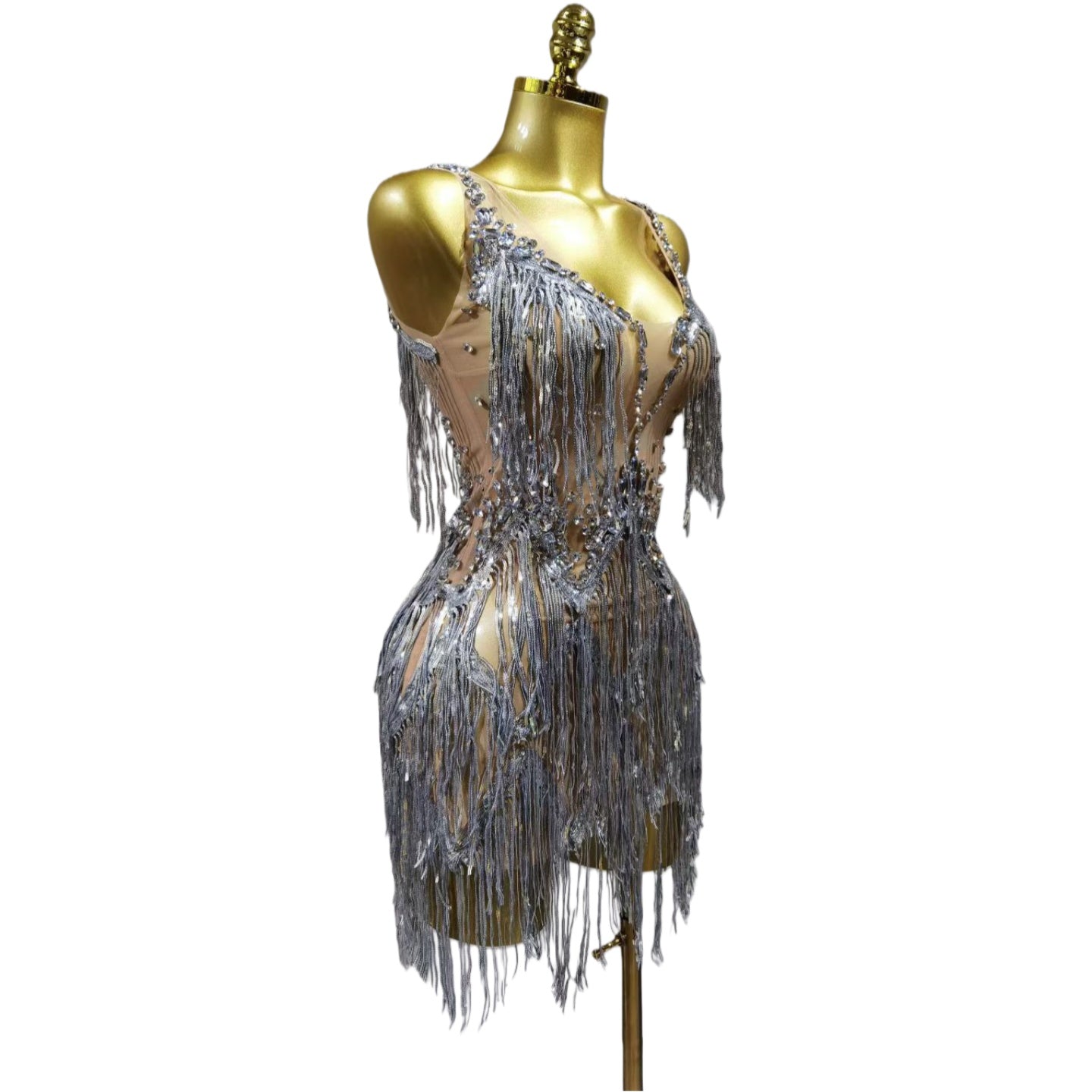 Fringe Dress Performance Costume Silver Dancewear Show Outfit Party Wear Sleeveless Halter Neck Performance Attire - Halloweez