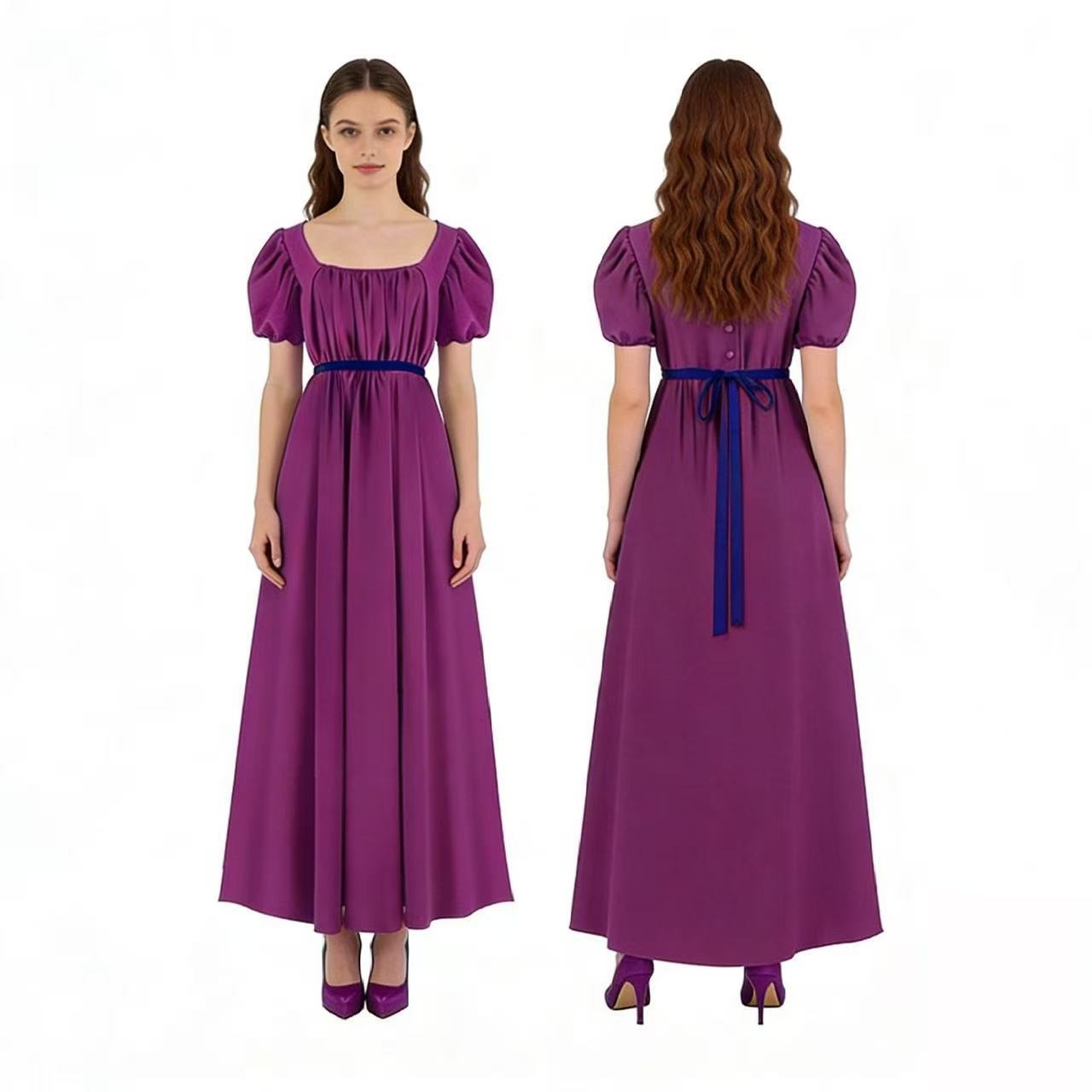 Bridgerton Inspired Women’s Regency Dress – Square Neck Empire Waist Maxi Gown with Puff Sleeves for Renaissance Fair, Tea Party & Historical Cosplay - Halloweez