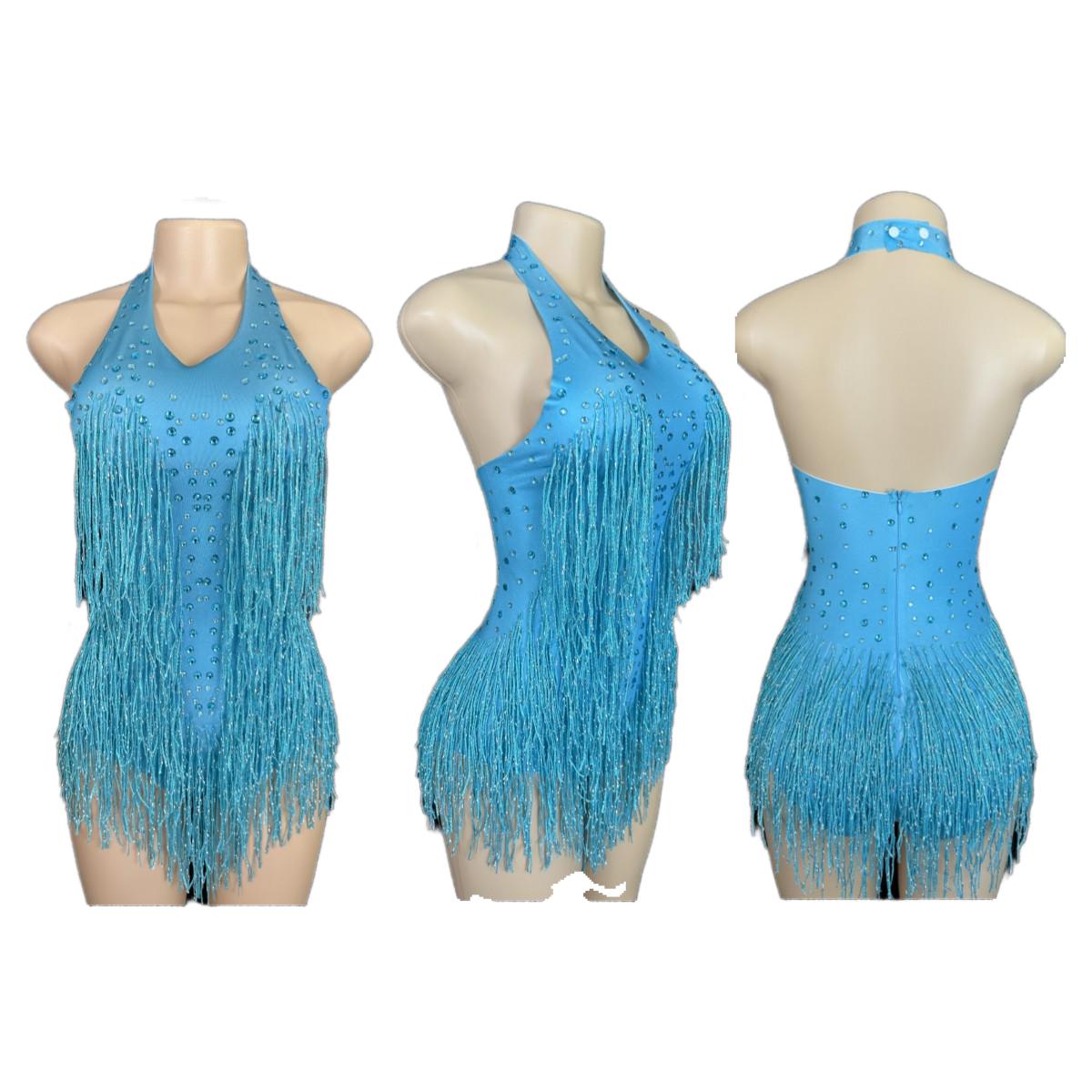 Latin Dance Halter Bodysuit with Fringe and Rhinestones - White Dance Performance Costume for Women - Halloweez