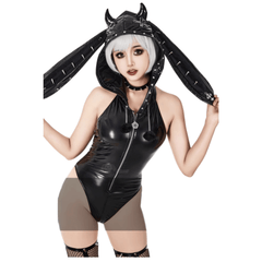 Original Gothic Demon Bunny Jumpsuit with Large Claws - Halloween Cosplay Costume for Women and Men - Halloweez