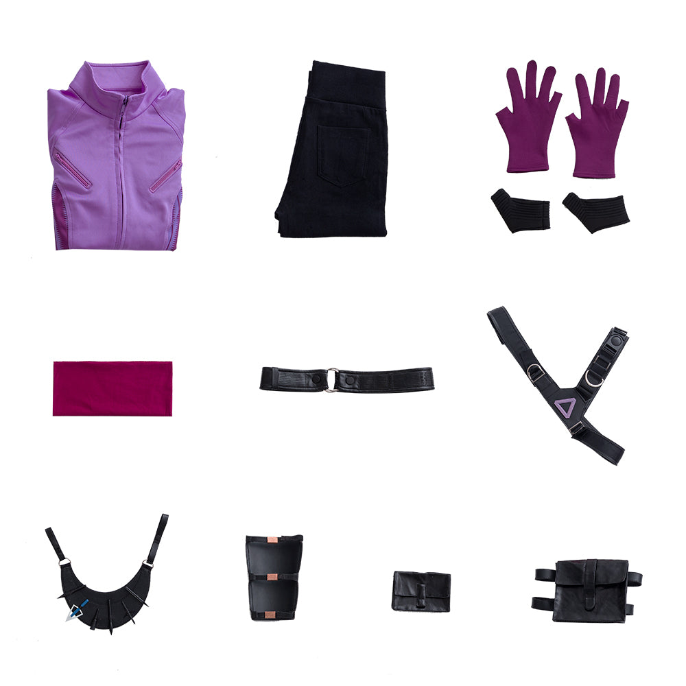 Costume de cosplay Hawkeye de Kate Bishop pour femme, ensemble complet de héros avec manteau de combat et accessoires