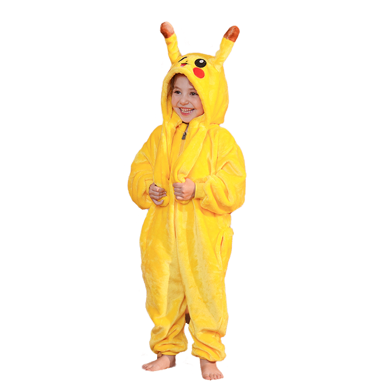 Kids Pikachu Onesie Pajamas Flannel Cosplay Costume with Removable Hood and Moving Ears for Boys Girls Halloween Christmas - Halloweez