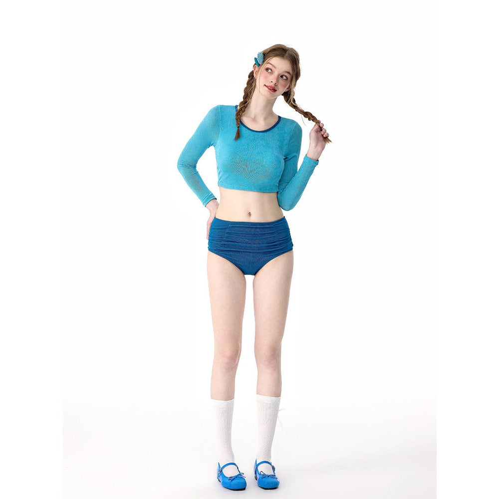 2026 New Rainbow Series Dopamine Women Swimsuit, Korean High-end Long Sleeve UV Protection Split High Waist Tankini Micro Bikini for Snorkeling Beach - Halloweez