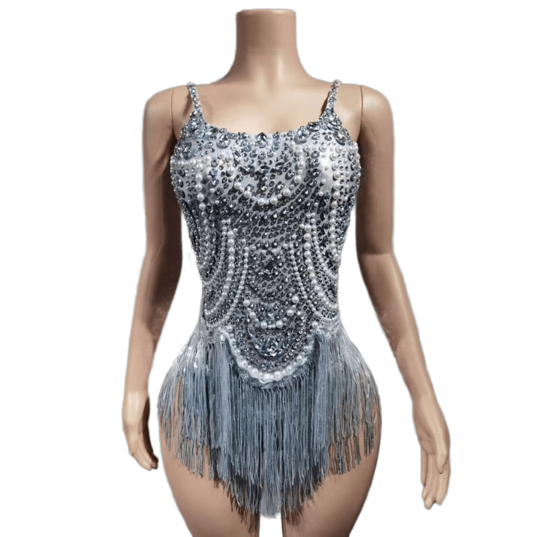 Blue Rhinestone Fringe Necklace Stage Costume - Shimmering Blue Crystal Fringe Performance Outfit for Latin Dance, Club Party, Circus Show - Halloweez