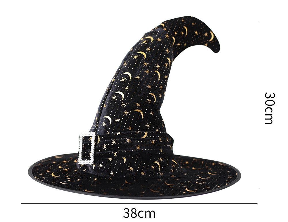 Halloween Crinkle Witch Hat for Kids Adults Party Dress Up Gold Velvet Curved Horn Hat Elf Witch Hat Wizard Hat - Halloweez