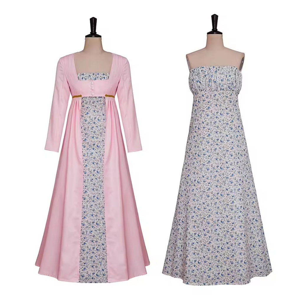 Halloween Victorian Dress Bridgerton Floral Pink Tea Party Regency Dress Two-piece Set - Halloweez