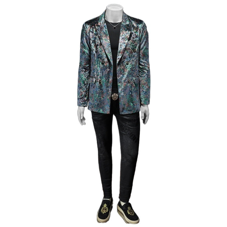 European Style Velvet Casual Blazer Men's Slim Fit Jacket 2024 Spring Autumn Single Breasted Patterned Suit Jacket Cosplay Costume - Halloweez