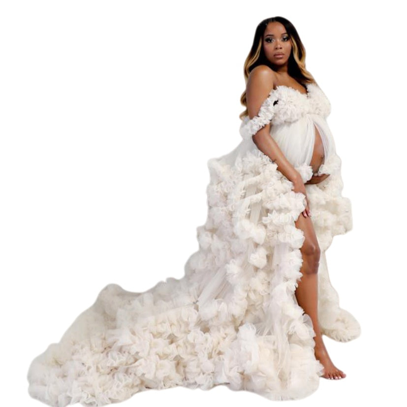 Elegant Maternity Evening Gown Long Robe Off Shoulder Transparent Sexy Bride Pregnancy Chiffon Dress European American Import - Halloweez
