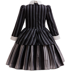 Halloween Dress for Girls Cosplay Addams Family Wednesday Heroine Stripe Fake Two-Piece Princess Dress - Halloweez