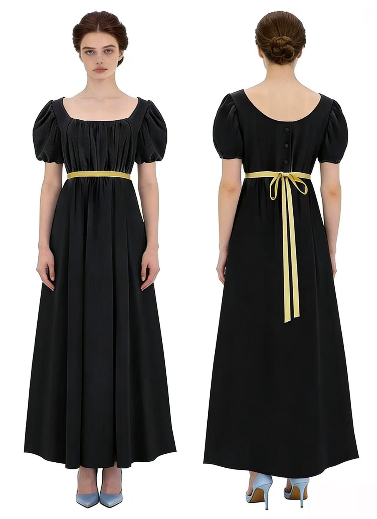 Bridgerton Inspired Women’s Regency Dress – Square Neck Empire Waist Maxi Gown with Puff Sleeves for Renaissance Fair, Tea Party & Historical Cosplay - Halloweez