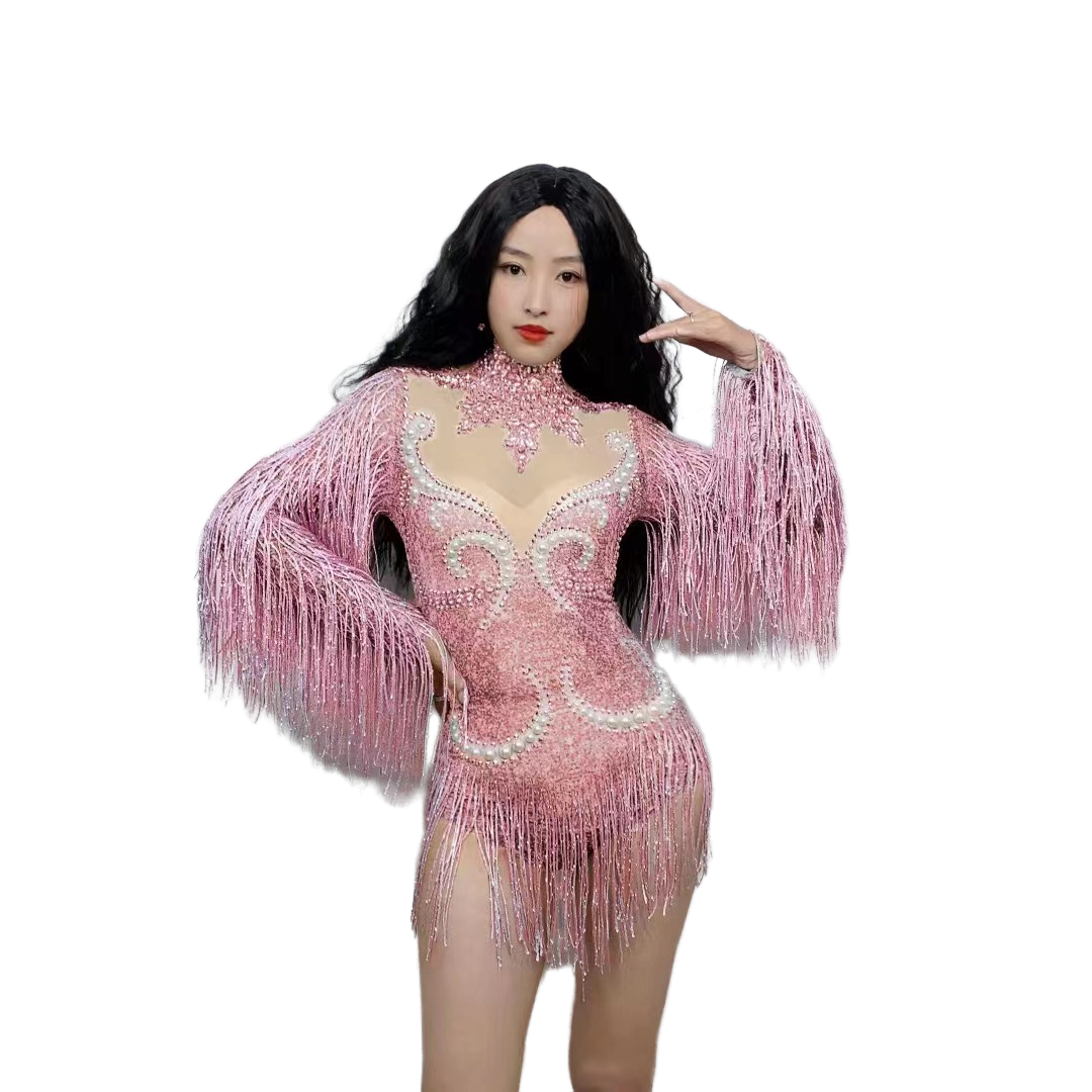 Sexual Stage Outfit Women's Rhinestone Pearl Fringe Long Sleeve Bodysuit Butterfly Mesh Performance Costume - Halloweez