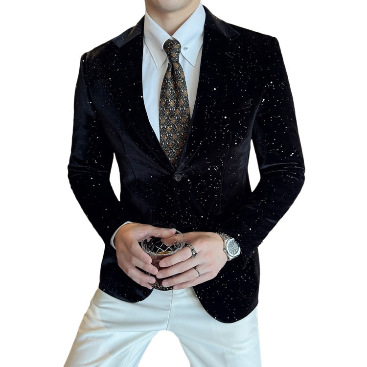 2025 New Fashion Glossy Velvet Gold Foil Print Men's Slim Fit Blazer Jacket - Trendy Cosplay Suit for Halloween Parties - Halloweez