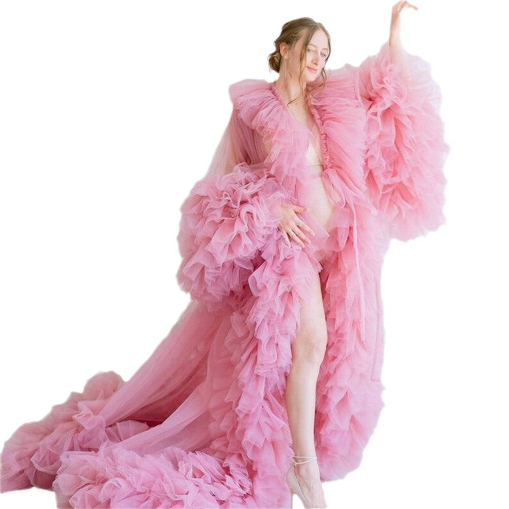 Pink Maternity Bridal Lingerie Robe Sheer Mesh Photoshoot Dress for Pregnancy with 3D Floral Print - Cosplay & Boudoir Photography - Halloweez