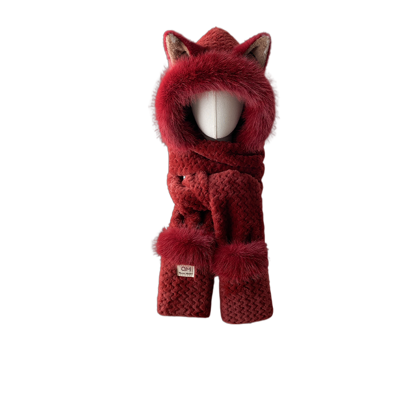 Cute Fox Ears Plush Hat Scarf Combo Winter Thick Warm Riding Ear Protection Unisex Cosplay Costume Accessory - Halloweez