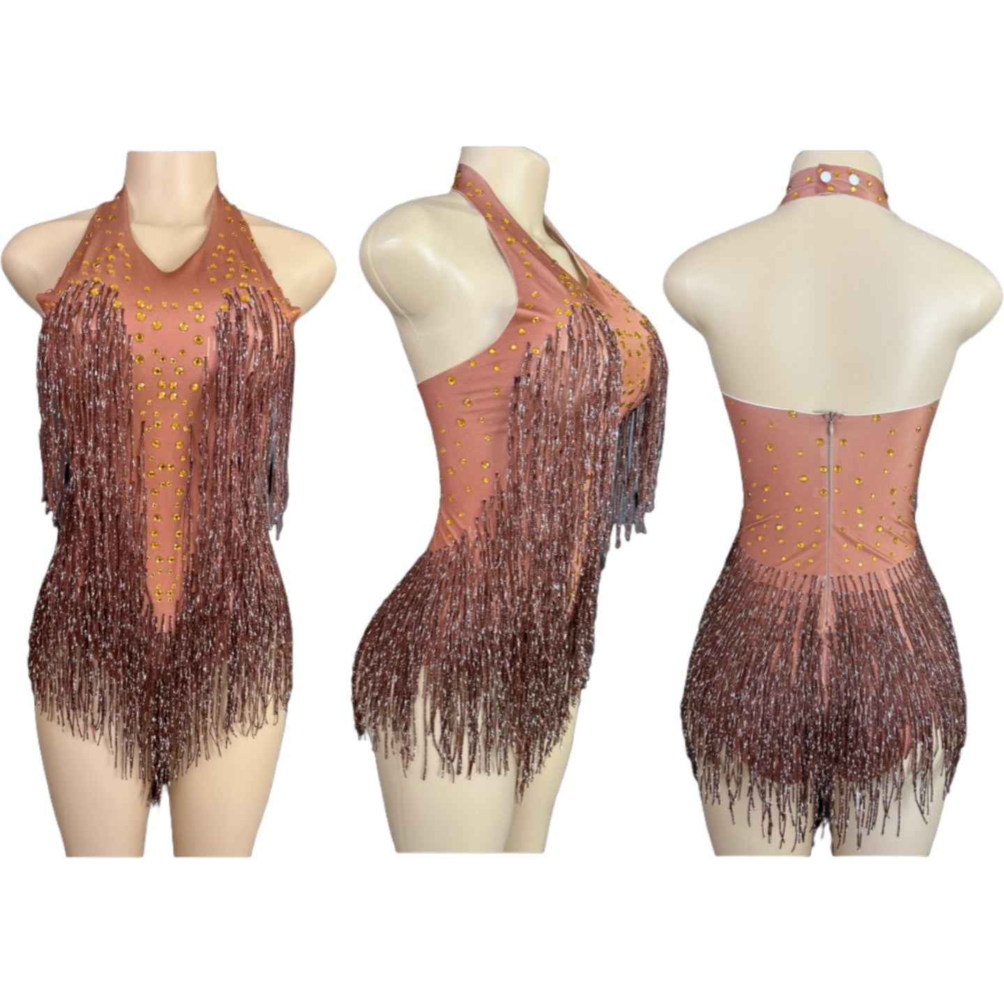 Latin Dance Halter Bodysuit with Fringe and Rhinestones - White Dance Performance Costume for Women - Halloweez