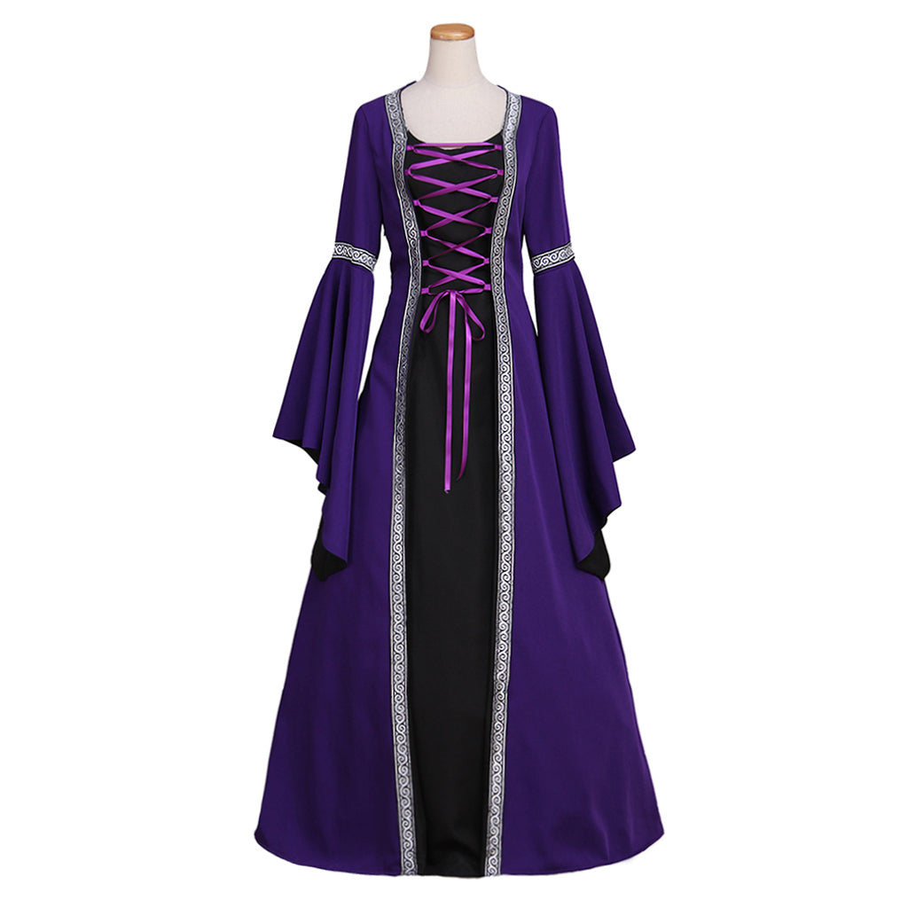 Elegante vestido gótico medieval victoriano morado de Halloween con mangas de trompeta para galas y cosplay