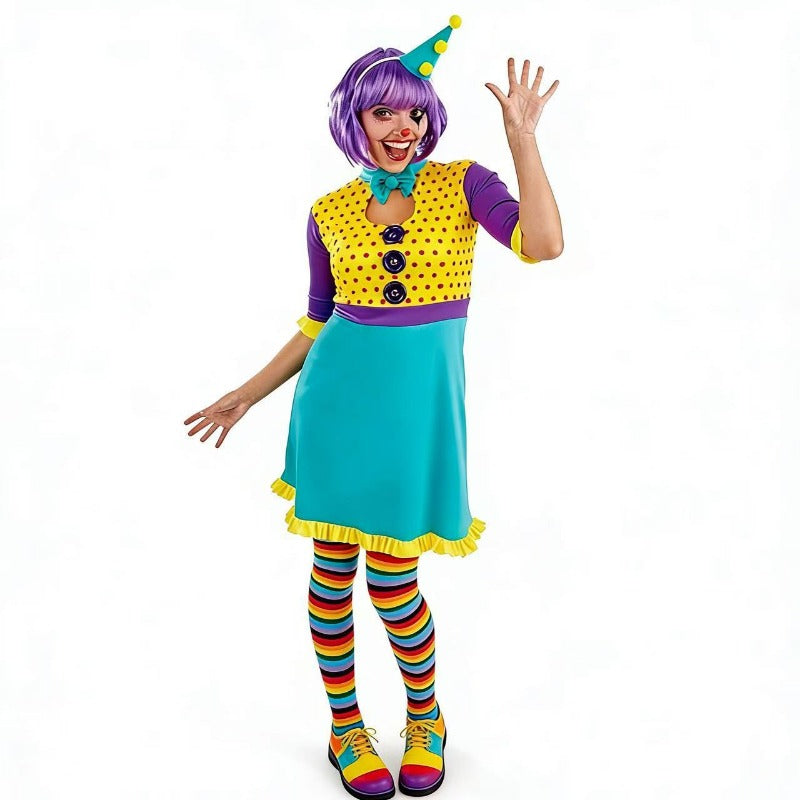 Women’s Colorful Clown Cosplay Costume – Vibrant Polka Dot Dress & Wig Set for Halloween, Carnival & Themed Parties - Halloweez