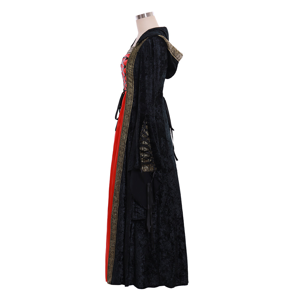 Elegante disfraz de Halloween de estilo medieval vintage: vestido de bruja gótica y vampiro