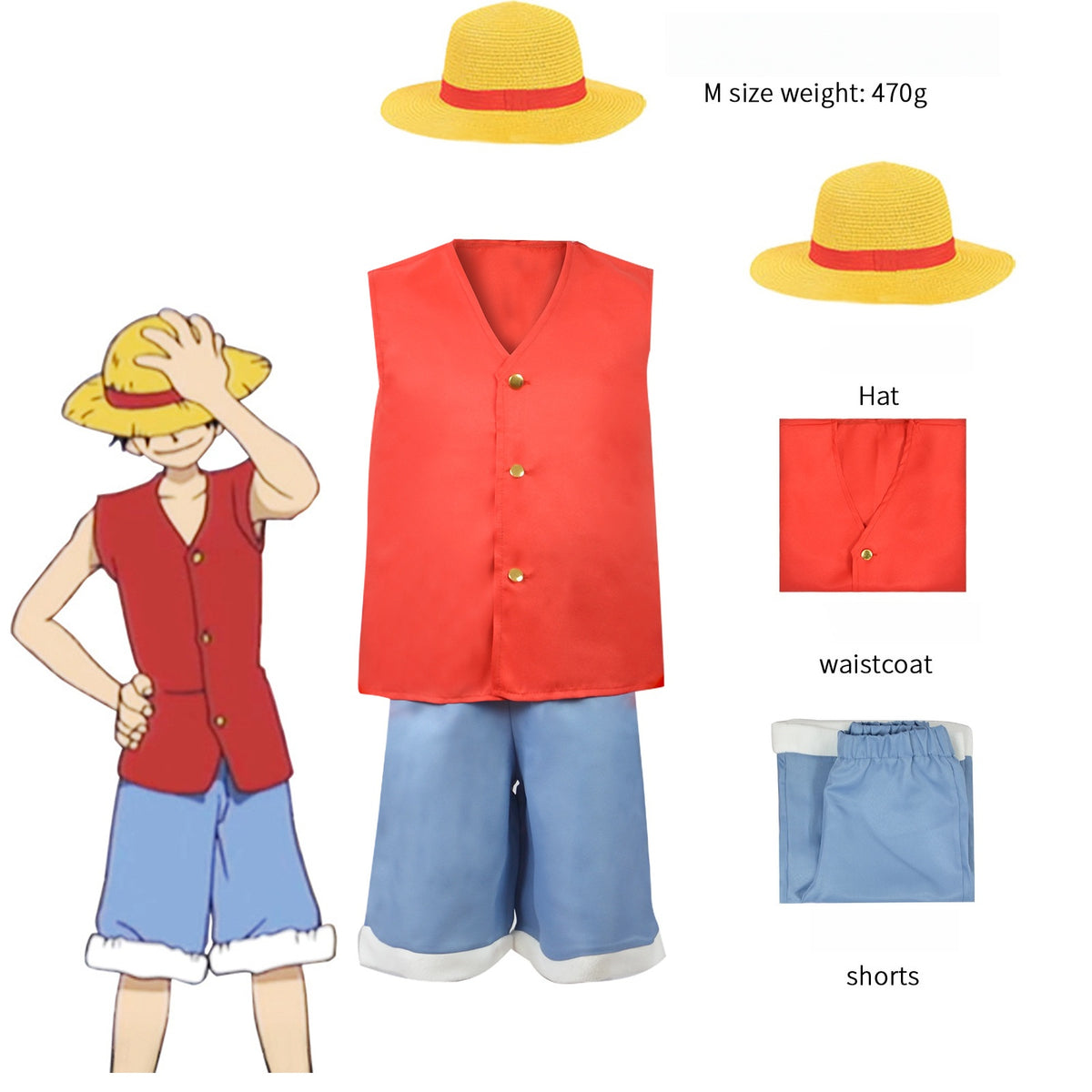 One Piece First Generation Luffy Cosplay Costume - Classic Straw Hat Outfit - Halloweez