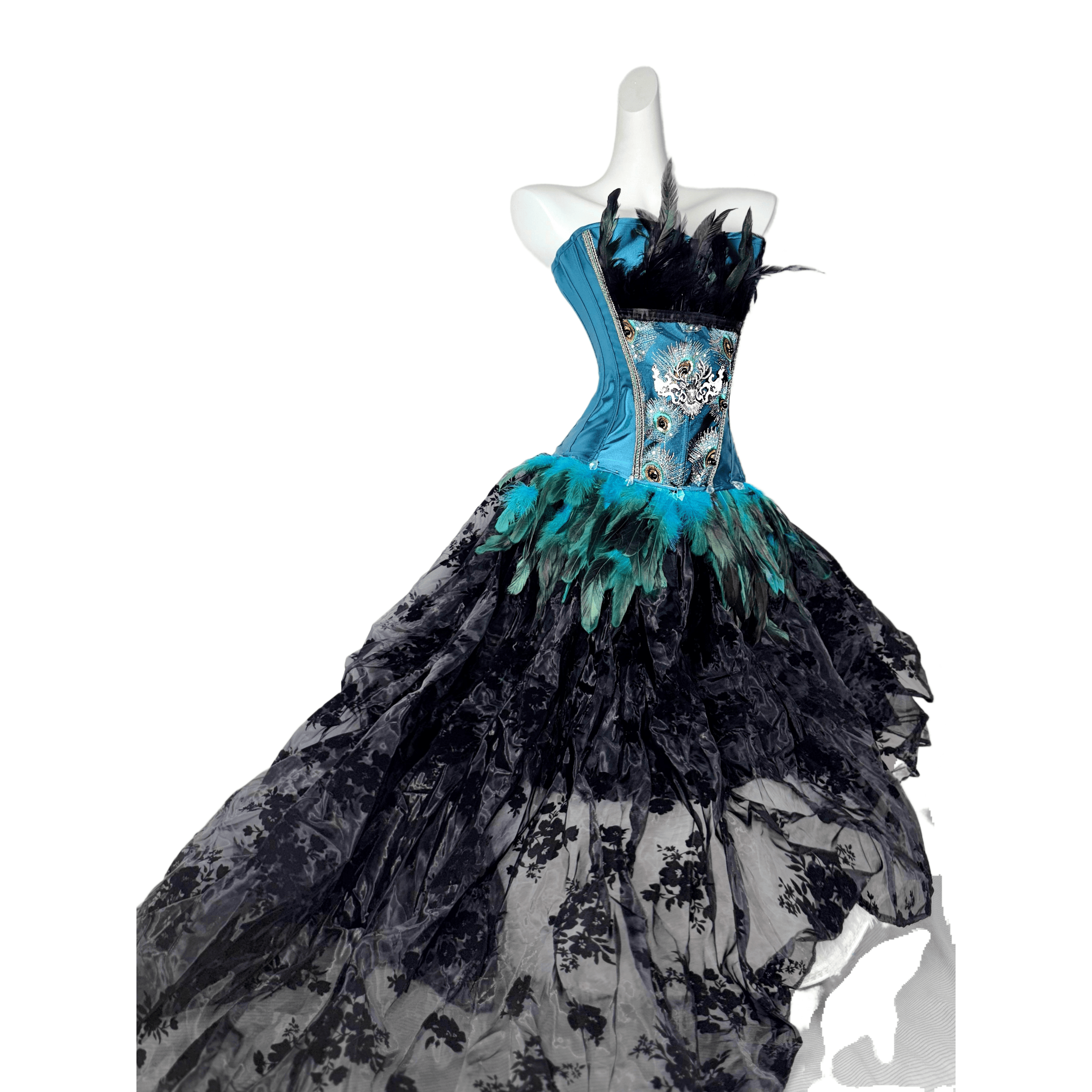 TDH Original Handmade Blue Green Peacock Gothic Dark Lace-Up Drawstring Feather Bustier Affordable Corset Top for Cosplay - Halloweez