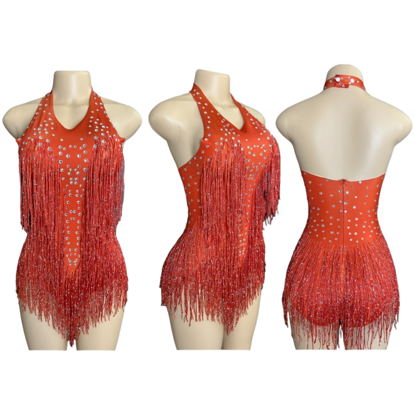 Latin Dance Halter Bodysuit with Fringe and Rhinestones - White Dance Performance Costume for Women - Halloweez