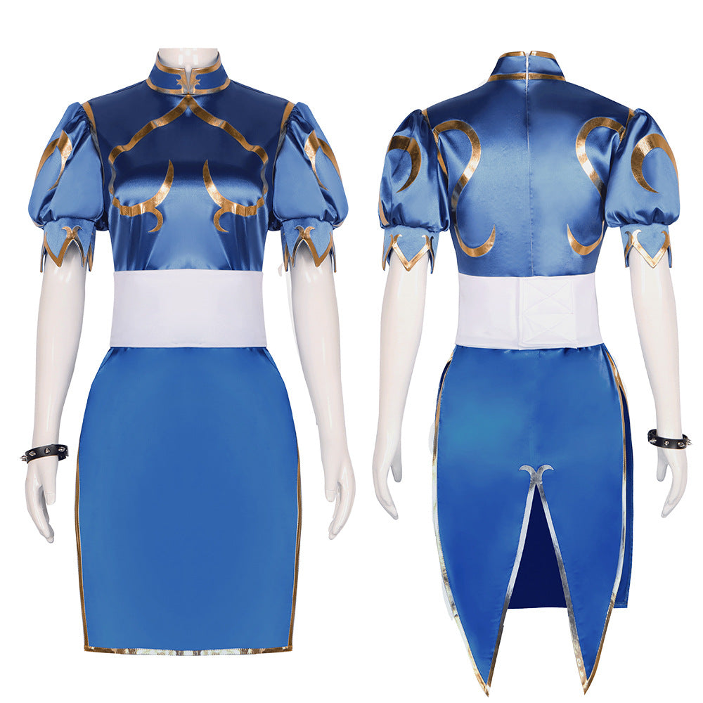 Arcade Street Fighter Chun-Li Blue Cheongsam Cosplay Costume for Halloween and Performance - Halloweez