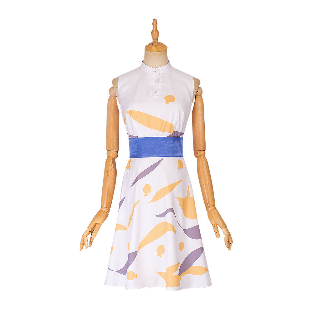 Elegant Game Light Female Leading Role Cosplay Costume by Halloweez - White Printing Sleeveless Dress