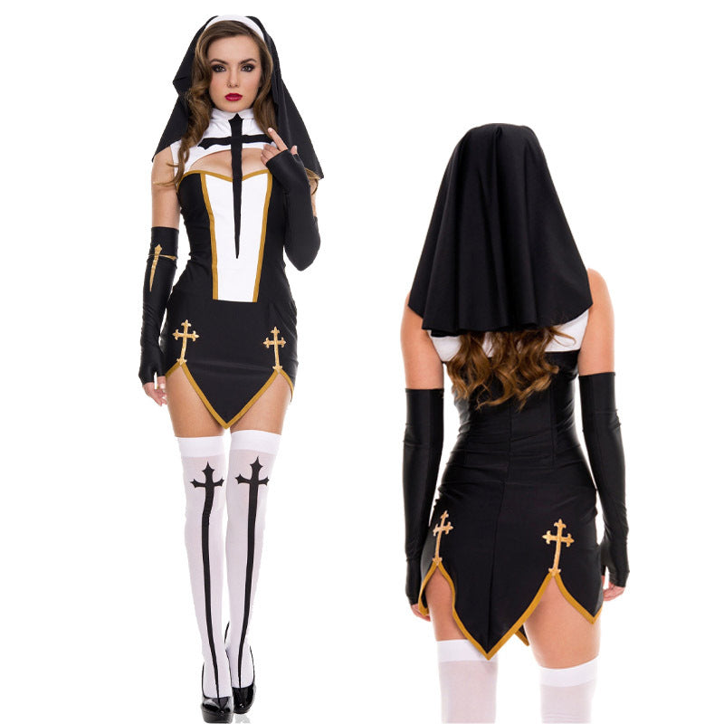 Halloween Medieval Nun Priest Robe COS Costume Virgin Mary Father Wizard Stage Performance Clothing - Halloweez
