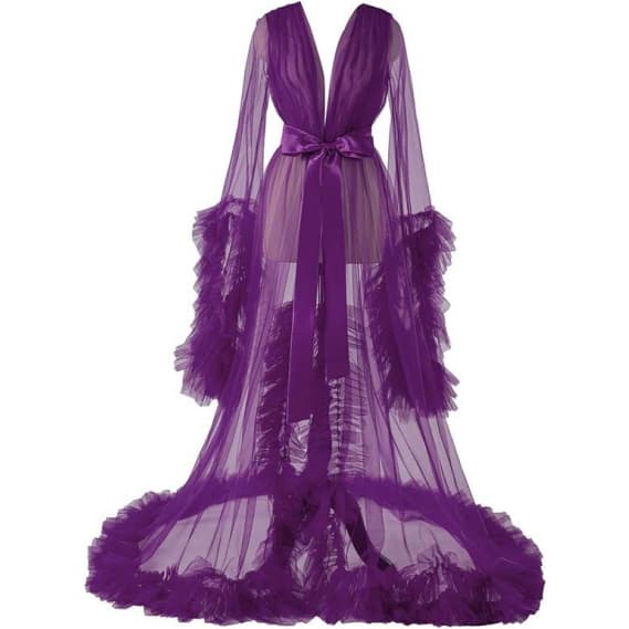 Purple Ruffle Evening Gown Maternity Photo Shoot Dress Sweetheart Off Shoulder Pregnancy Robe Sheer Long Gown Cosplay Costume - Halloweez