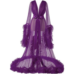 Purple Ruffle Evening Gown Maternity Photo Shoot Dress Sweetheart Off Shoulder Pregnancy Robe Sheer Long Gown Cosplay Costume - Halloweez