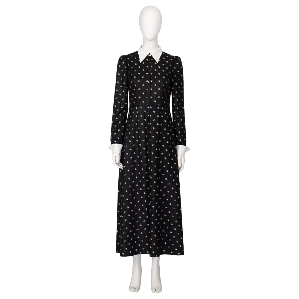 Halloweez Wednesday Addams Costume - Elegant Black Long Sleeve Dress with Unique Print