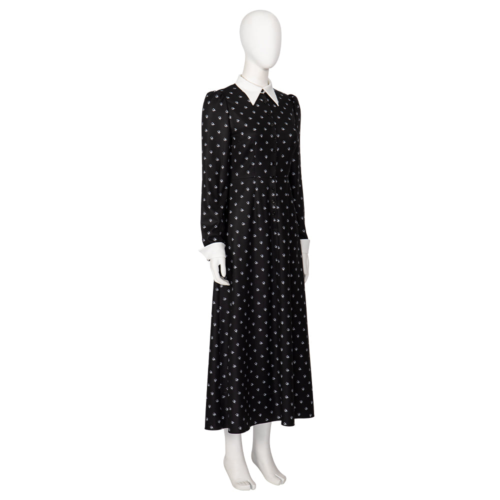 Halloweez Wednesday Addams Costume - Elegant Black Long Sleeve Dress with Unique Print