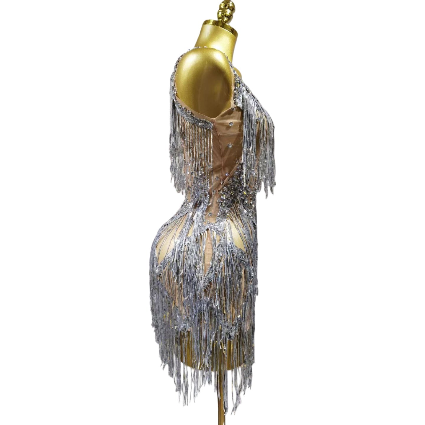 Fringe Dress Performance Costume Silver Dancewear Show Outfit Party Wear Sleeveless Halter Neck Performance Attire - Halloweez