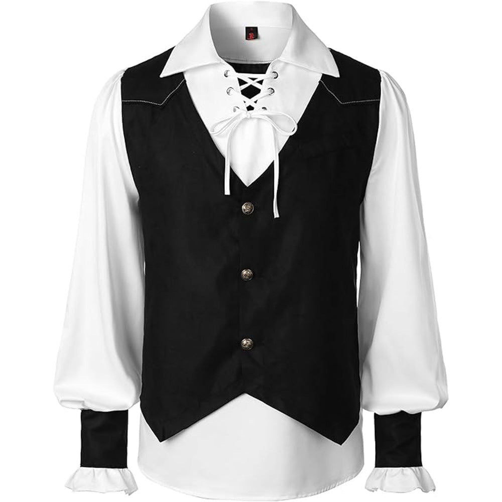 Medieval Pirate Victorian Steampunk Gothic Long Sleeve Vest Shirt Halloween Costume - Halloweez