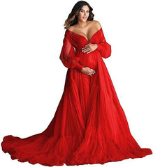 2025 Maternity Cosplay Mesh Dress Deep V See-through Photo Shoot Evening Gown High Waist Slimming Multi-color Options - Halloweez