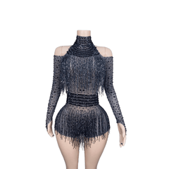 Red Fringe Bodysuit with Diamonds - Sparkling Performance Costume for Female Singers, Dance Teams, Nightclub Shows, and Stage Performances - Halloweez